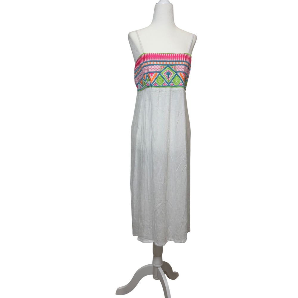 Shoreline White Cotton Beach Coverup Dress Embroidered Smocked S/M NWOT